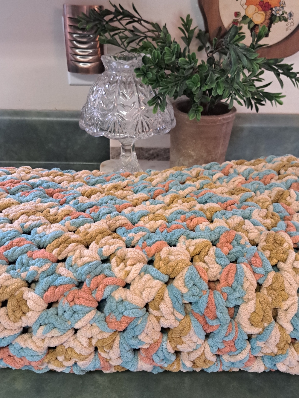 Plush Boho Crochet Throw Blanket in Blue, Coral & Cream